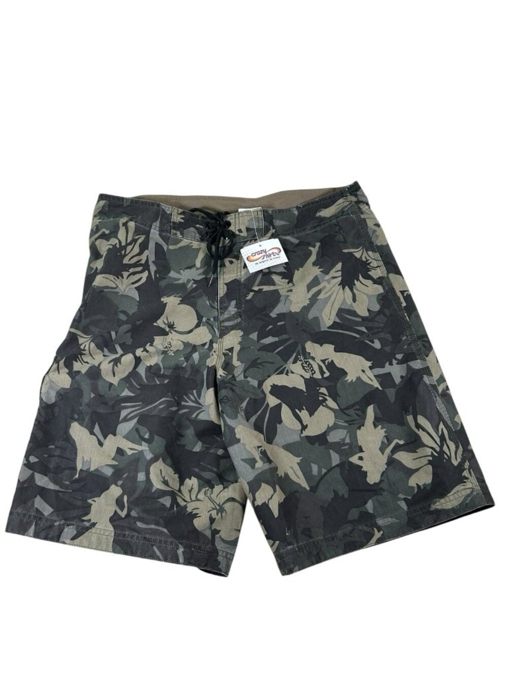 NEW Crazy Shirts Board Shorts Men’s 36 Hawaii Hula Girl Camo Green Tropical